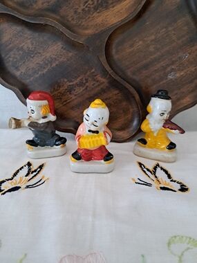 Vintage Ceramic Musician Figurine Trio - Red, Yellow, Black